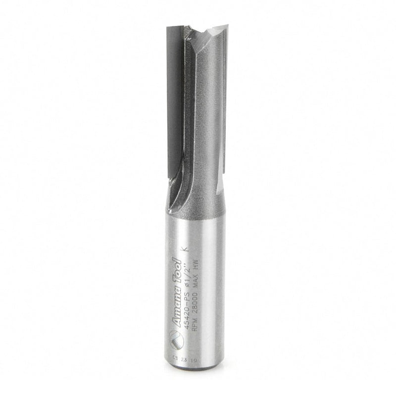 Amana Tool. 3°Production Shear Straight Plunge Router Bit | 2 Flute | 1⁄2 Dia x 1 1⁄4 x 1⁄2" Shank | 45420-PS 