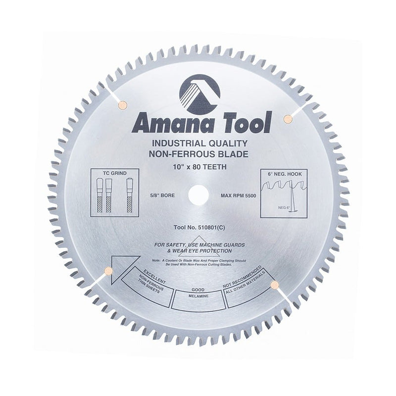 Amana Tool. Thin Aluminum Non-Ferrous Metal Cutting Blade - 10" Dia x 80T TCG - 6° | 510801 