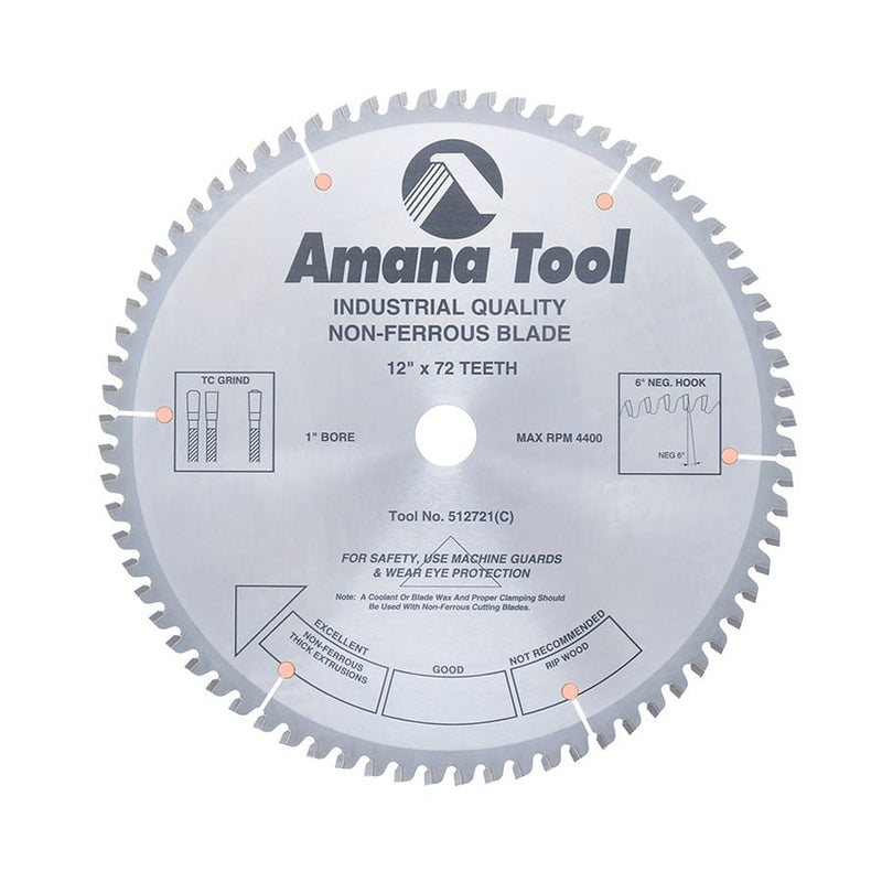 Amana Tool. Thick Aluminum Non-Ferrous Metal Cutting Blade - 12" Dia x 72T TCG - 6° - 1" Bore | 512721 