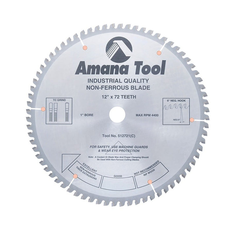 Amana Tool. Thick Aluminum Non-Ferrous Metal Cutting Blade - 12" Dia x 72T TCG - 6° - 30mm Bore | 512721-30 