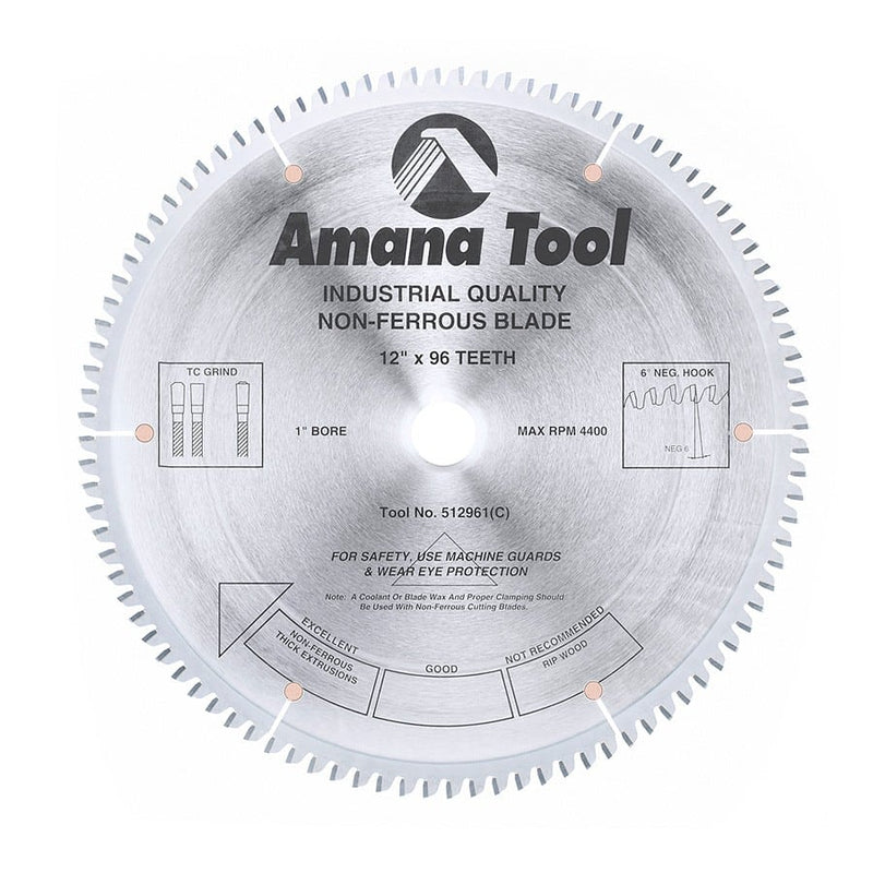 Amana Tool. Thin Aluminum Non-Ferrous Metal Cutting Blade - 12" Dia x 96T TCG - 6° | 512961
