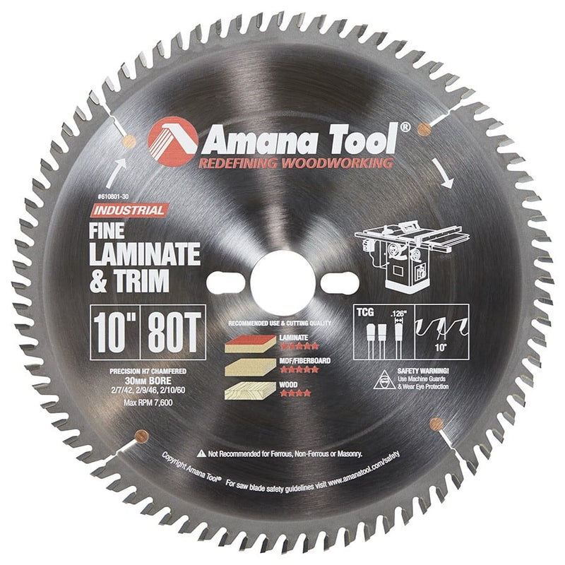 Amana Tool. Single & Double Sided Laminate Cutting - 10" Dia x 80T TCG, 10° - 30mm Bore | 610801-30