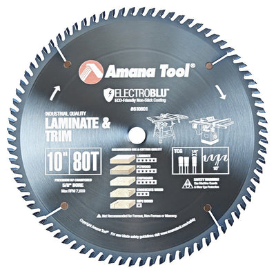 Amana Tool. Single & Double Sided Laminate Cutting Electro-Blu - 10" Dia x 80T TCG, 10° - 5⁄8 Bore | 610801C