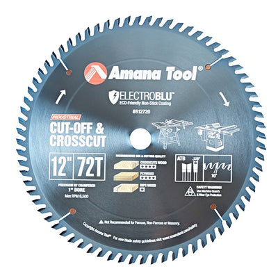 Amana Tool. Plywood⁄ Solid Wood⁄ Chipboard Cutting Electro-Blu - 12" Dia x 72T ATB, 10° - 1" Bore | 612720C 