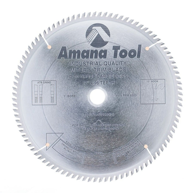 Amana Tool. Plywood⁄ Solid Wood⁄ Chipboard Cutting - 12" Dia x 96T ATB, 10° | 612960 