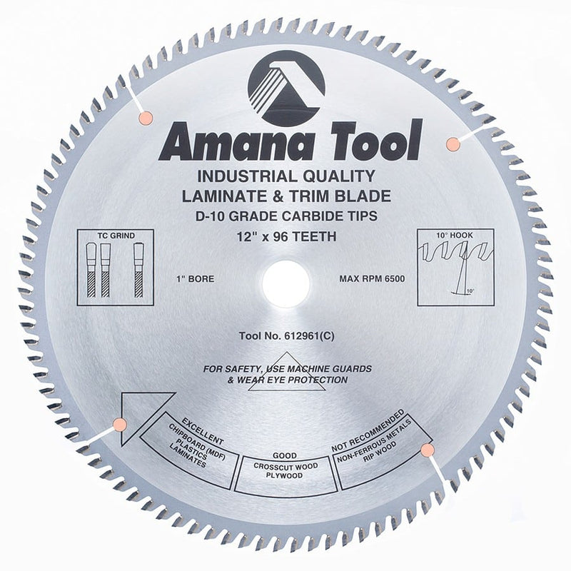 Amana Tool. Single & Double Sided Laminate Cutting - 12" Dia x 96T TCG, 10° | 612961 