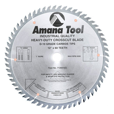 Amana Tool. Single & Double Sided Laminate Cutting - 12" Dia x 60T TCG, 15° - 1" Bore | 712601 