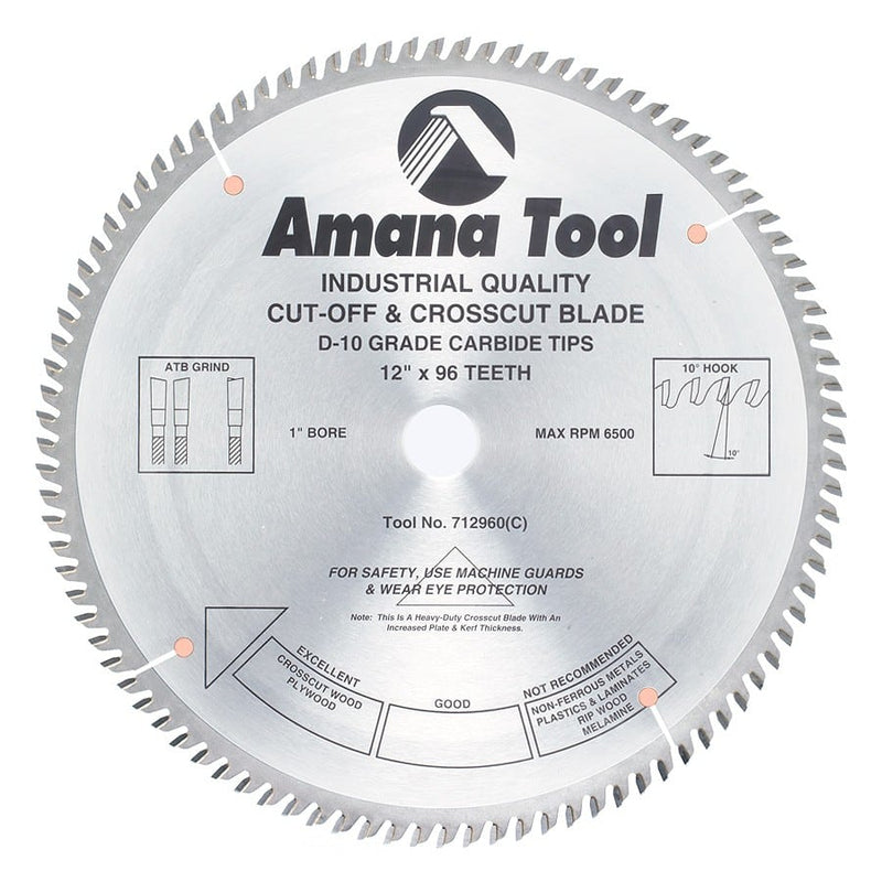 Amana Tool. Plywood⁄ Solid Wood⁄ Chipboard Cutting - 12" Dia x 96T ATB, 10° - 1" Bore | 712960 