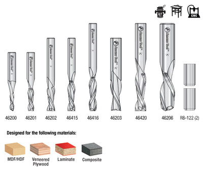 Amana Tool. Down-Cut Spiral CNC Router Bit Collection | 8 Piece | 1⁄4, 3⁄8 & 1⁄2 Shank | AMS-123 