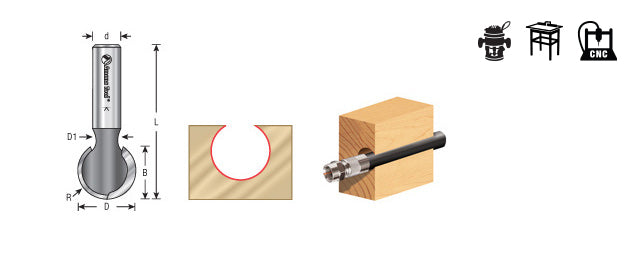 Amana Tool. Ball End Router Bit | 1⁄4 Radius x 7⁄16 Dia x 1⁄2 x 1⁄2"Shank | 45960 