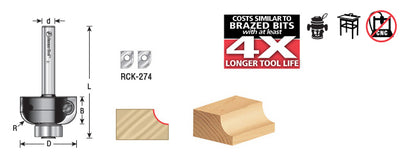 Amana Tool. Tech Cove Insert Router Bit | 1⁄4 Radius x 1 Dia x 1⁄2 x 1⁄4" Shank | RC-49104 