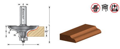 Amana Tool. Reverse Curve Table Edge Router Bit | 1⁄2 x 1⁄4 Radius x 2 21⁄64 Dia x 55⁄64 x 1⁄2" Shank | 49555