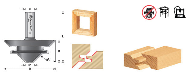 Amana Tool. Lock Miter Router Bit | 45°x 2 11⁄16 Dia x 1 3⁄16 x 1⁄2" Shank | 55390 