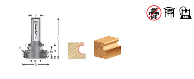 Amana Tool. Finger Grip Router Bit | 3⁄32 x 3⁄16 Radius x 1 3⁄4 Dia x 13⁄16 x 1⁄2" Shank | 53810 