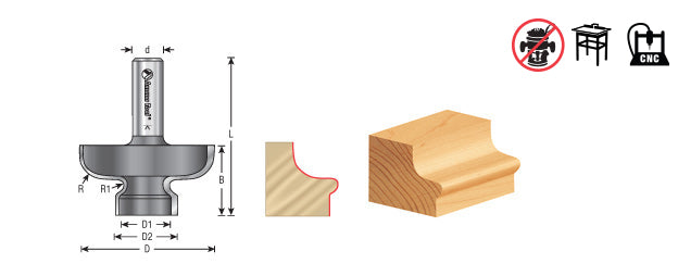 Amana Tool. Door Edge Detail Router Bit | 3⁄8 x 1⁄8 Radius x 2" Dia x 1 3⁄16 x 1⁄2 Shank | 53820