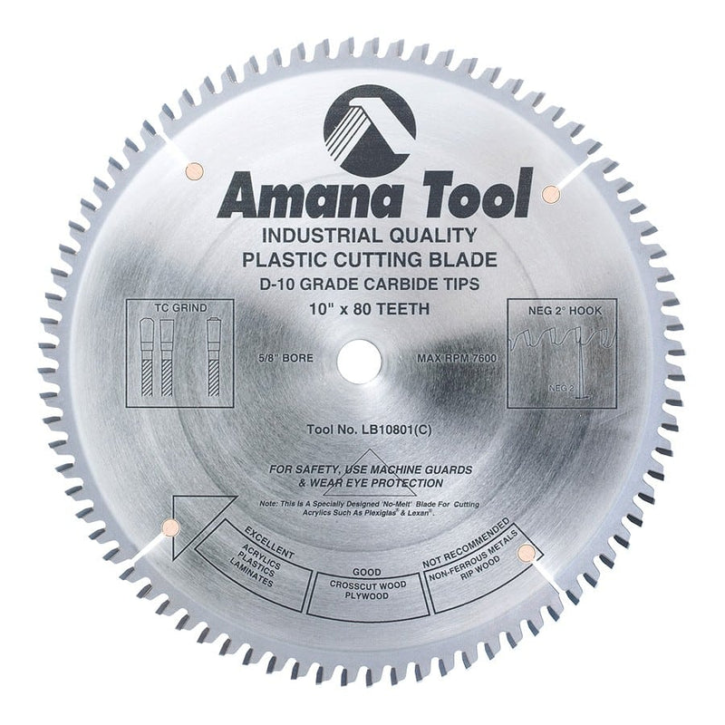 Amana Tool. Non-Melt Plastic Cutting Blade - 10" Dia x 80T M-TCG - 2° - 5⁄8 Bore | LB10801 
