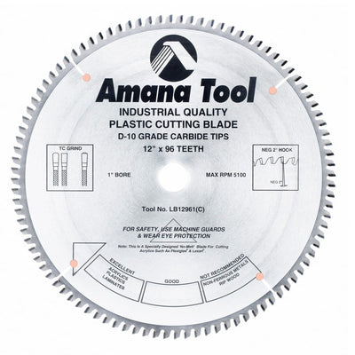 Amana Tool. Non-Melt Plastic Cutting Blade - 12" Dia x 96T M-TCG - 2° - 30mm Bore | LB12961-30 