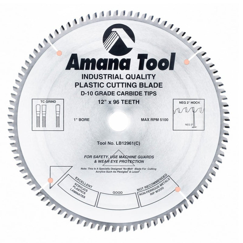 Amana Tool. Non-Melt Plastic Cutting Blade - 12" Dia x 96T M-TCG - 2° - 1" Bore | LB12961 