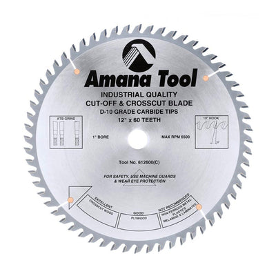 Amana Tool. Plywood⁄ Solid Wood⁄ Chipboard Cutting Blade - 12" Dia x 60T ATB 10° - 1" Bore | 612600 