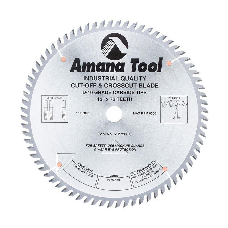 Amana Tool. Plywood⁄ Solid Wood⁄ Chipboard Cutting Blade - 12" Dia x 72T ATB 10° - 1" Bore | 612720 