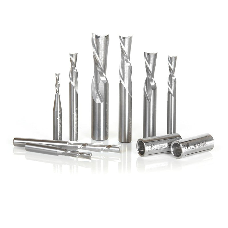 Amana Tool. Down-Cut Spiral CNC Router Bit Collection | 8 Piece | 1⁄4, 3⁄8 & 1⁄2 Shank | AMS-123 