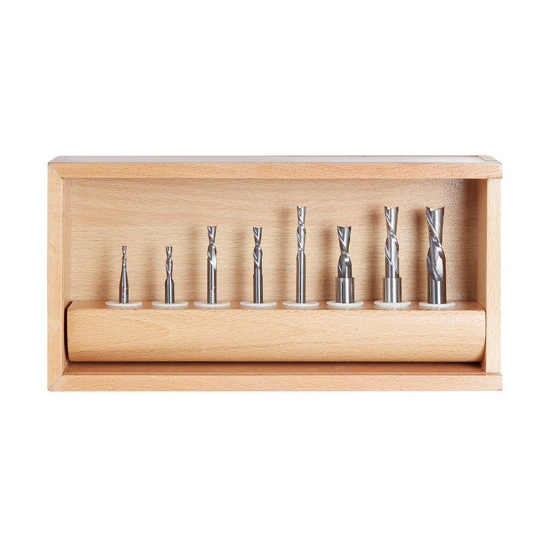 Amana Tool. Down-Cut Spiral CNC Router Bit Collection | 8 Piece | 1⁄4, 3⁄8 & 1⁄2 Shank | AMS-123 