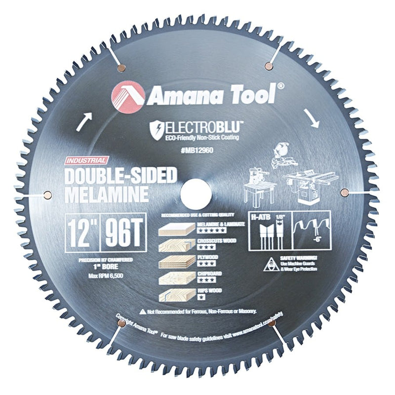 Amana Tool. Double Sided Melamine & Laminate Electro-Blu - 12" Dia x 96T H-ATB, -6° - 1" Bore | MB12960C 