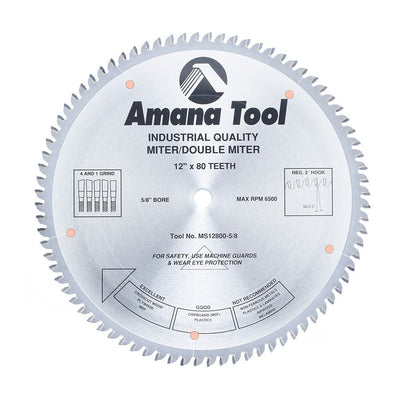 Amana Tool. Miter / Double Miter Blade with Raker - 12" Dia x 80T 4+1 ATB - 2° - 5⁄8 Bore | MS12800-5/8 